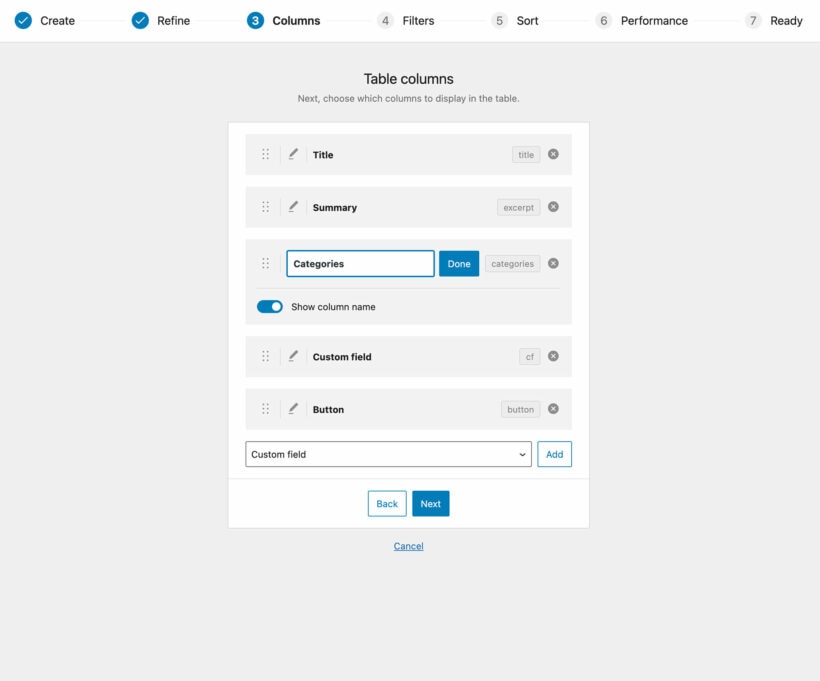 Customize columns in WordPress table screenshot
