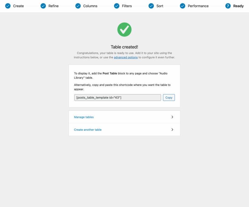 Finished WordPress table ready to insert - screenshot