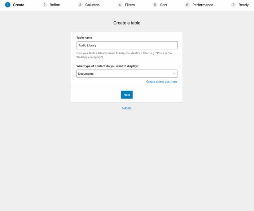 WordPress table builder plugin screenshot - Create table