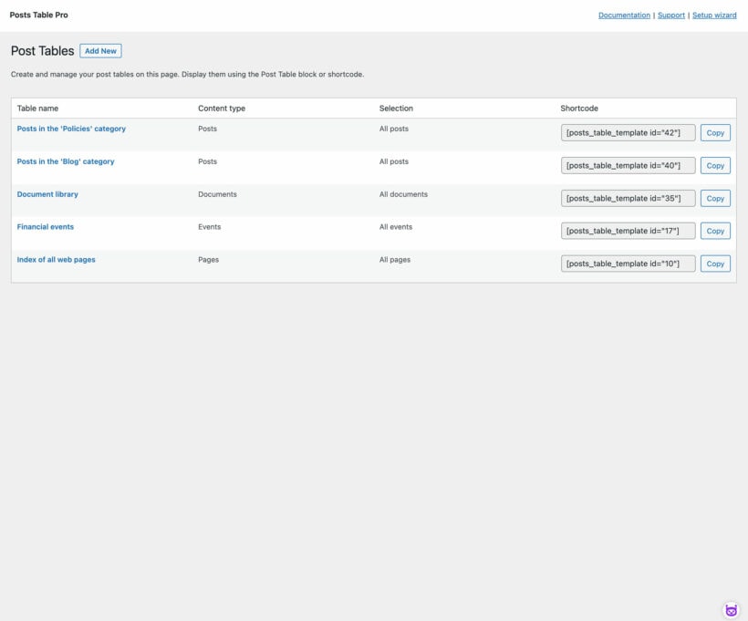 WordPress table builder - All tables