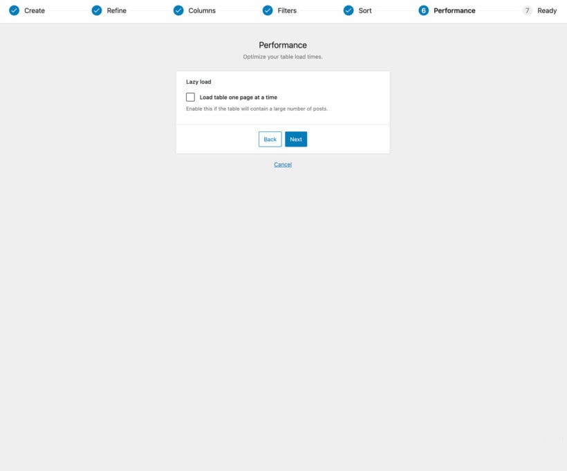 WordPress table performance load times screenshot