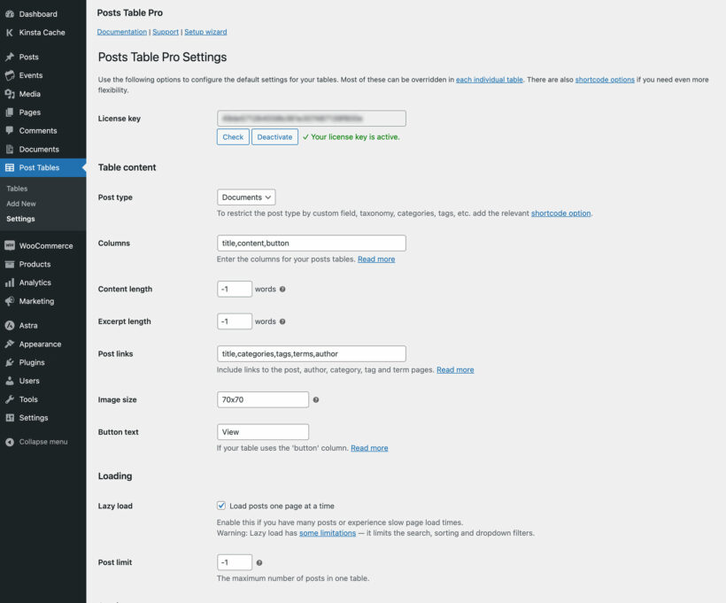 WordPress table plugin settings 1