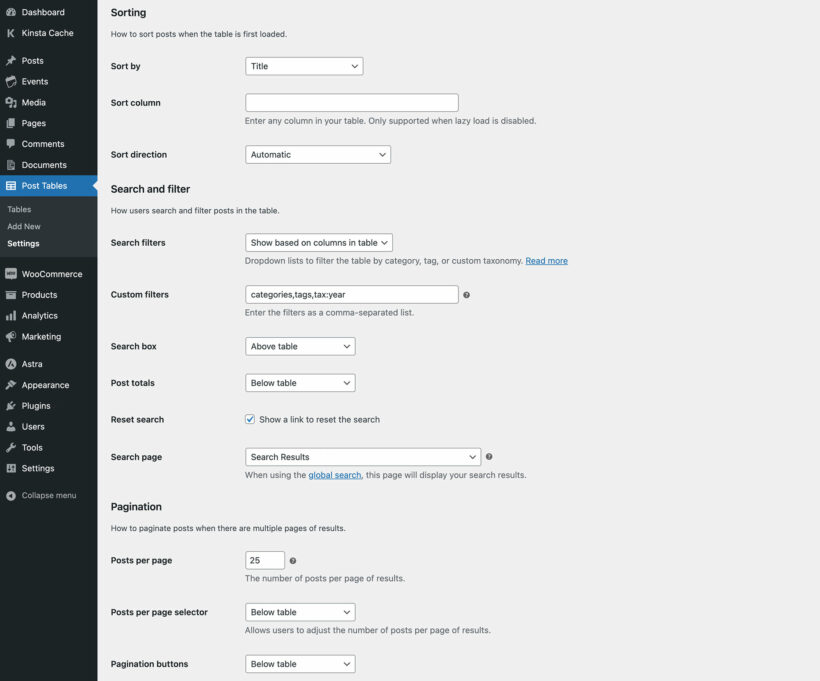 WordPress table plugin settings 2