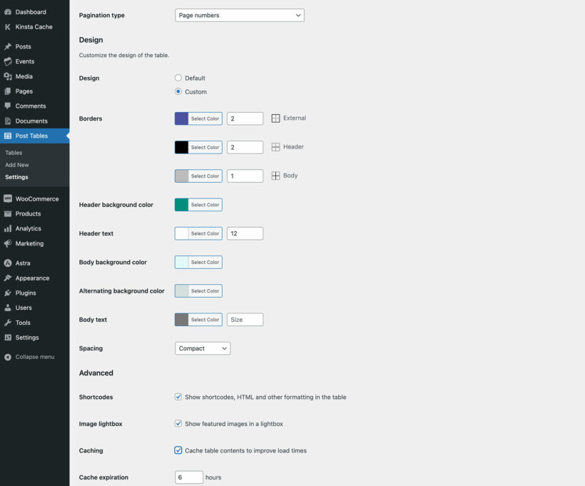 WordPress table plugin settings 3