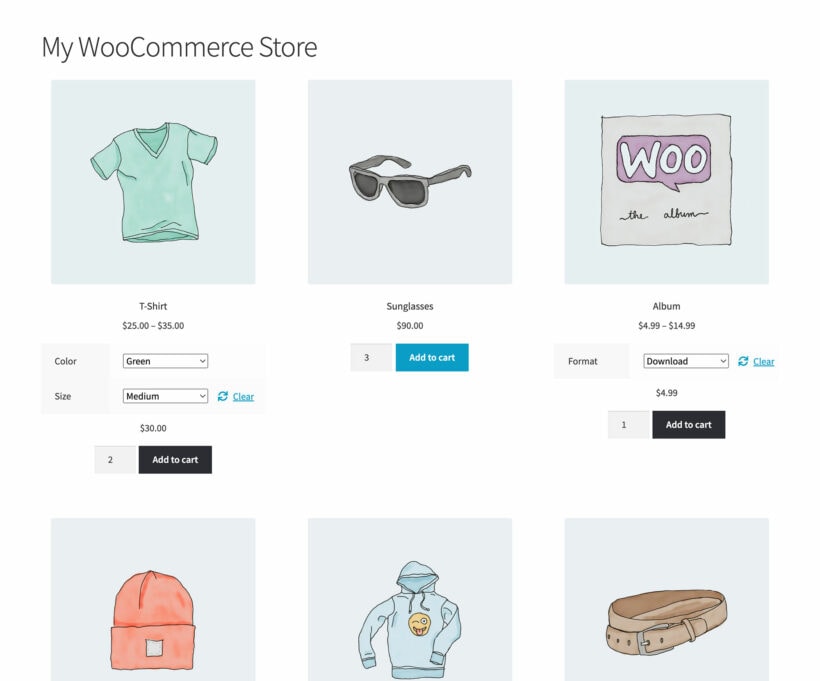 Add quantity and variations to WooCommerce shop page screenshot