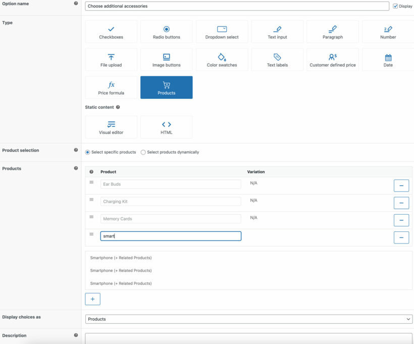 WooCommerce Product Options select products categories